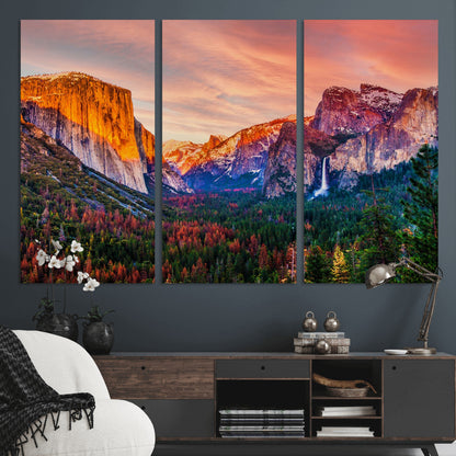 24519-MGV-CV-36X24-Yosemite Valley Sunset Wall Art – Majestic Mountain Landscape with Waterfall and Vibrant Sky, Nature Photography for Home or