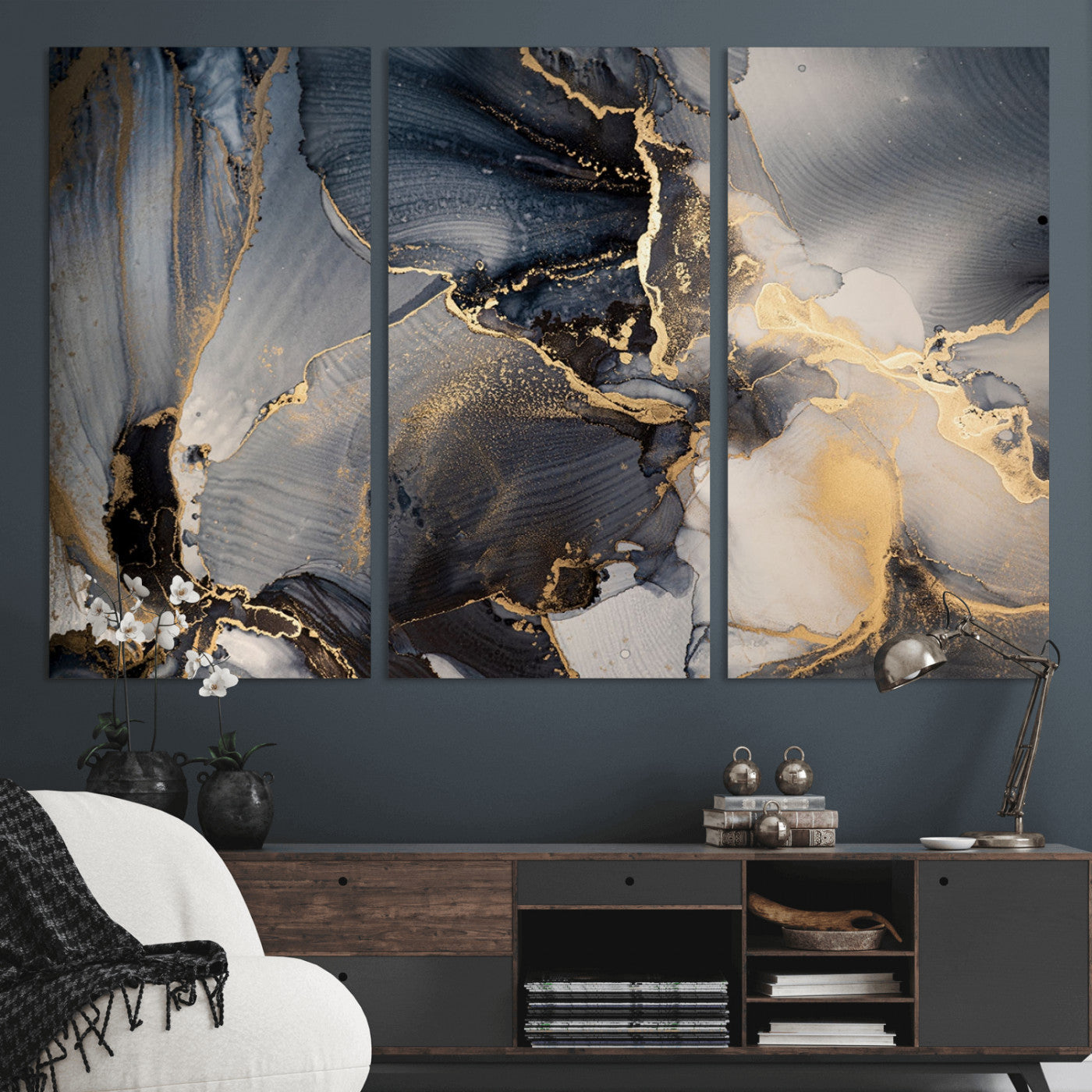 24068-MGV-CV-36X24-Luxury Abstract Wall Art – Gold & Gray Fluid Ink Painting Canvas, Modern Metallic Home Decor, Elegant Office or Living Room Accent