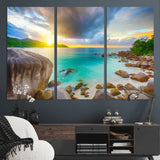 23769-MGV-CV-36X24-Tropical Beach Sunset Wall Art – Ocean Waves and Rocky Shore Canvas Print, Coastal Seascape Photography Decor