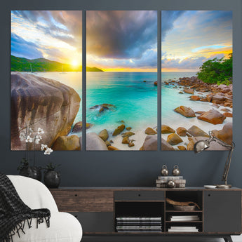 23769-MGV-CV-36X24-Tropical Beach Sunset Wall Art – Ocean Waves and Rocky Shore Canvas Print, Coastal Seascape Photography Decor