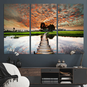 29105-MGV-CV-36X24-Rustic Wooden Bridge Wall Art – Scenic Sunset Over Rice Fields and Reflective Water Canvas Print, Nature Landscape Decor for
