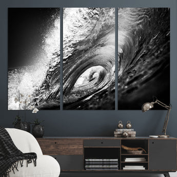 22702-MGV-CV-36X24-Black and White Ocean Wave Wall Art – Powerful Surf Curl Photography Canvas Print, Modern Coastal Decor for Living Room, Office or