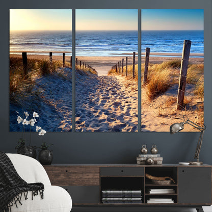 31889-MGV-CV-36X24-Sandy Beach Pathway Wall Art – Coastal Dune Fence and Ocean View Canvas Print, Relaxing Seaside Landscape Decor for Living Room or