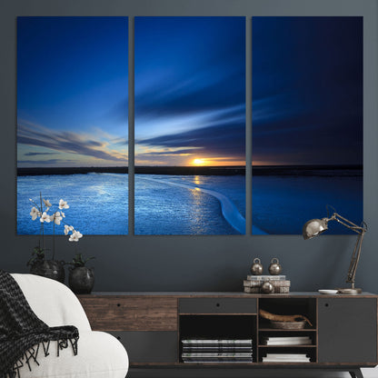 65405-MGV-CV-36X24-Blue Sunrise Seascape Wall Art – Tranquil Ocean Horizon Canvas Print with Golden Sunlight and Deep Sky, Coastal Landscape Decor