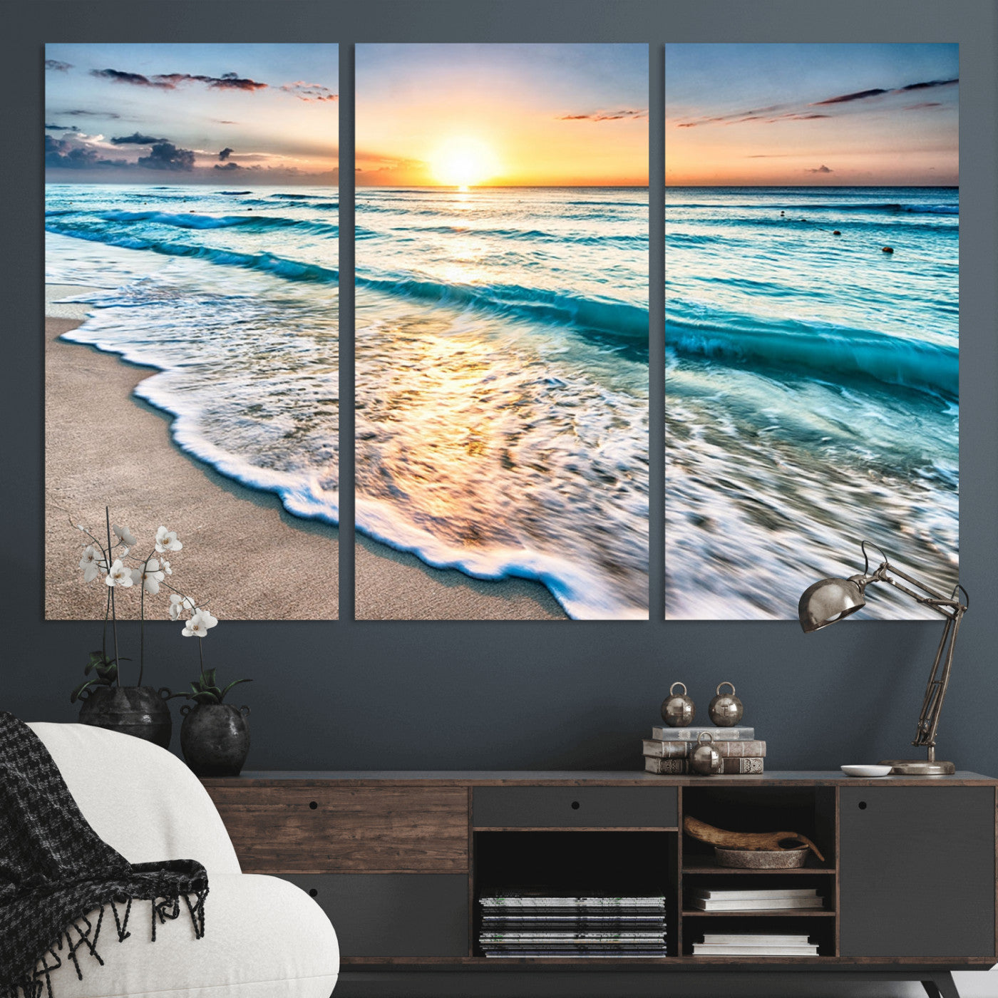 27815-MGV-CV-36X24-Ocean Sunrise Beach Wall Art – Serene Coastal Canvas Print with Waves and Golden Morning Light, Relaxing Seascape Decor for