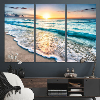 27815-MGV-CV-36X24-Ocean Sunrise Beach Wall Art – Serene Coastal Canvas Print with Waves and Golden Morning Light, Relaxing Seascape Decor for