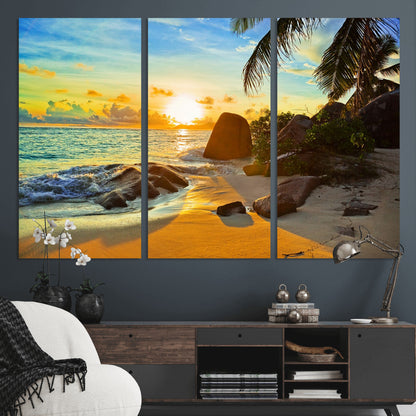 26181-MGV-CV-36X24-Golden Tropical Sunset Beach Wall Art – Ocean Canvas Print with Palm Trees and Rocks, Coastal Paradise Decor for Living Room or
