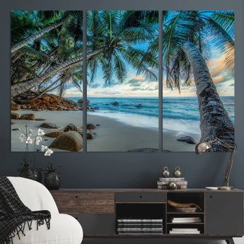 39679-MGV-CV-36X24-Tropical Palm Beach Wall Art – Serene Ocean Canvas Print with Palm Trees and Rocks, Coastal Paradise Decor for Living Room or