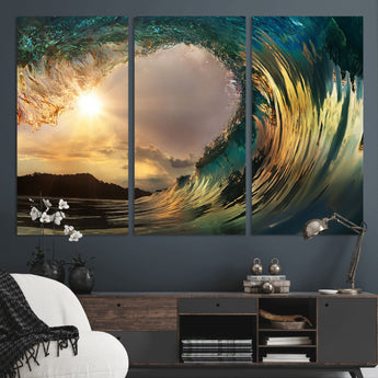 38256-MGV-CV-36X24-Ocean Wave Wall Art – Stunning Sunrise Through Curling Wave Canvas Print, Coastal Surf Photography Seascape Decor for Living Room,