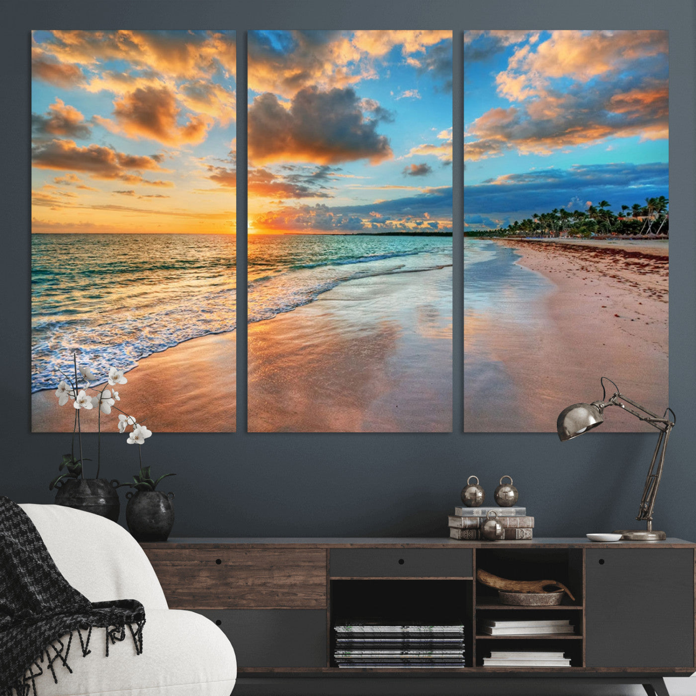 41572-MGV-CV-36X24-Sunset Beach Wall Art – Ocean Waves and Palm Trees Canvas Print, Tropical Coastal Sunset Seascape Decor for Living Room, Bedroom
