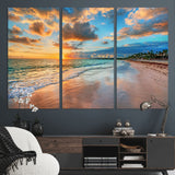 41572-MGV-CV-36X24-Sunset Beach Wall Art – Ocean Waves and Palm Trees Canvas Print, Tropical Coastal Sunset Seascape Decor for Living Room, Bedroom