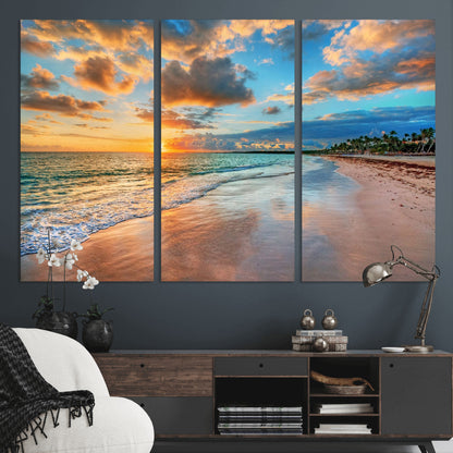 41572-MGV-CV-36X24-Sunset Beach Wall Art – Ocean Waves and Palm Trees Canvas Print, Tropical Coastal Sunset Seascape Decor for Living Room, Bedroom