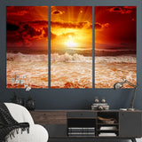 60211-MGV-CV-36X24-Fiery Sunset Ocean Waves Canvas Print – Vibrant Red & Orange Coastal Wall Art, Dramatic Seascape Decor
