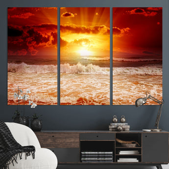 60211-MGV-CV-36X24-Fiery Sunset Ocean Waves Canvas Print – Vibrant Red & Orange Coastal Wall Art, Dramatic Seascape Decor