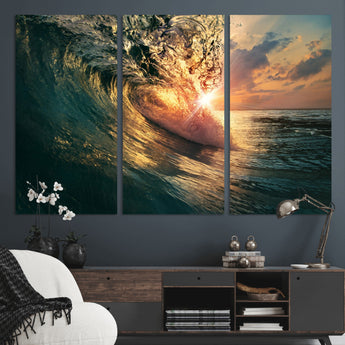 55359-MGV-CV-36X24-Radiant Ocean Wave Wall Art – Panoramic Surf Canvas Print, Vibrant Sunset Beach Decor for Home, Office or Man Cave