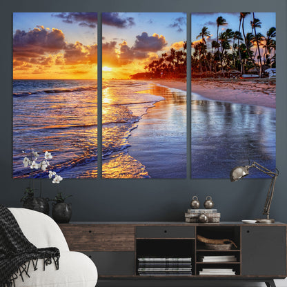 19917-MGV-CV-36X24-Tropical Sunset Beach Wall Art – Panoramic Palm Trees and Ocean Canvas Print, Vibrant Coastal Decor for Living Room, Office or Man