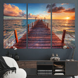 28836-MGV-CV-36X24-Ocean Pier Sunset Wall Art – Wooden Dock and Golden Horizon Canvas Print, Coastal Seascape Photography for Living Room, Bedroom,