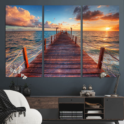 28836-MGV-CV-36X24-Ocean Pier Sunset Wall Art – Wooden Dock and Golden Horizon Canvas Print, Coastal Seascape Photography for Living Room, Bedroom,