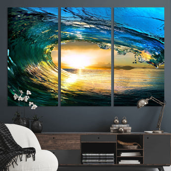 19378-MGV-CV-36X24-Ocean Wave Sunset Wall Art – Vibrant Surf and Golden Horizon Canvas Print, Coastal Seascape Photography for Living Room, Bedroom,
