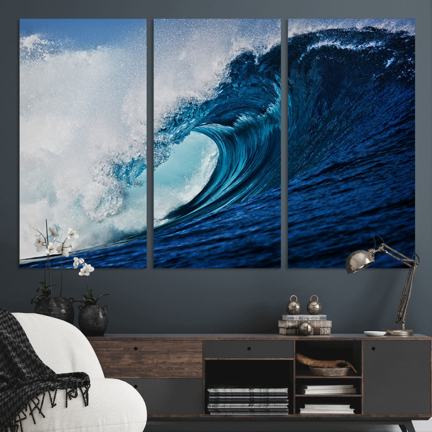 89502-MGV-CV-36X24-Powerful Ocean Wave Wall Art – Panoramic Blue Sea Wave Canvas Print, Coastal Surf Photography Artwork for Living Room, Bedroom, or