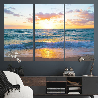78006-MGV-CV-36X24-Golden Sunrise Ocean Wall Art – Panoramic Beach Waves Canvas Print, Coastal Seascape Artwork for Living Room, Bedroom, Office, or