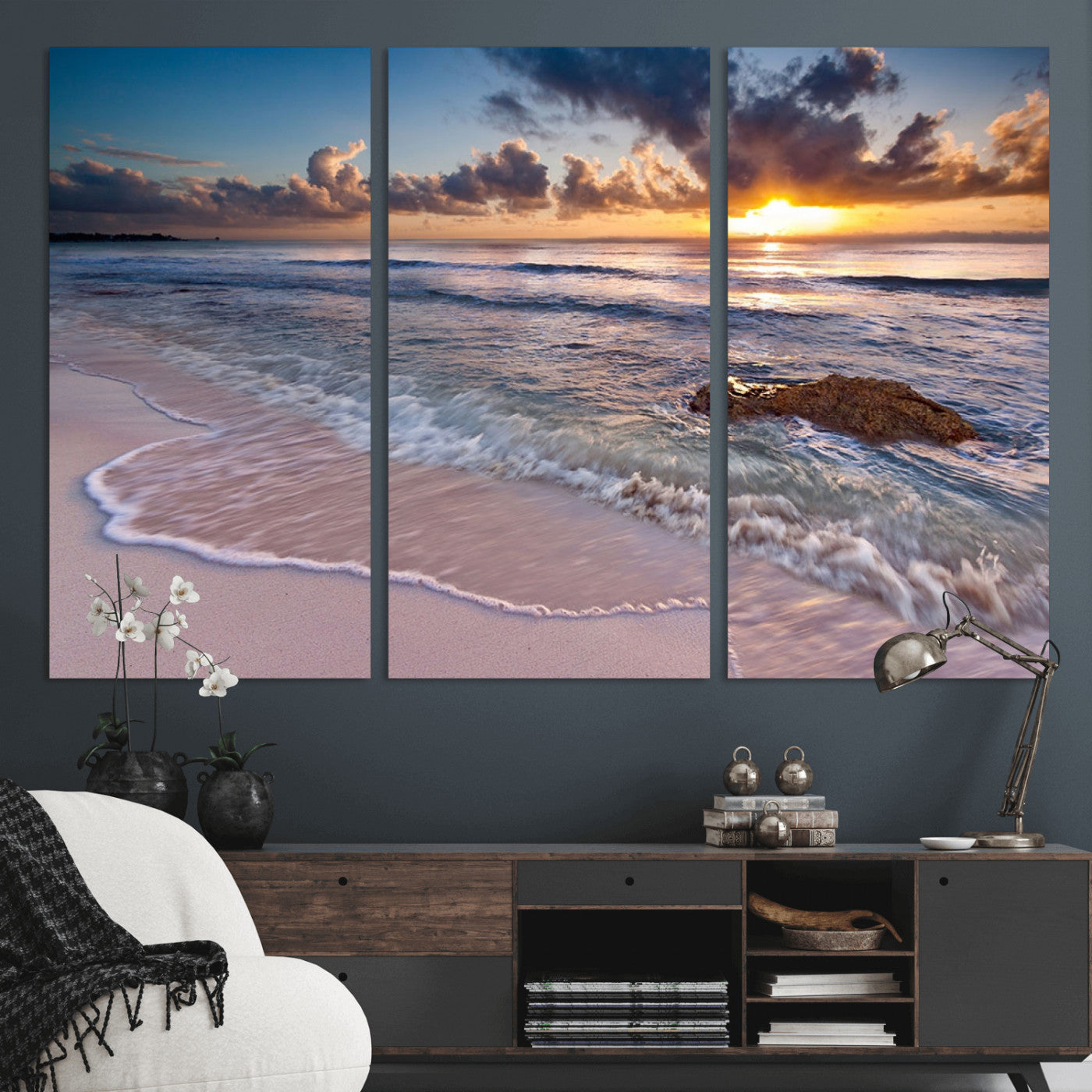 94906-MGV-CV-36X24-Sunrise Beach Wall Art – Panoramic Ocean Waves Canvas Print, Coastal Sunset Seascape Artwork for Living Room, Bedroom, or Office