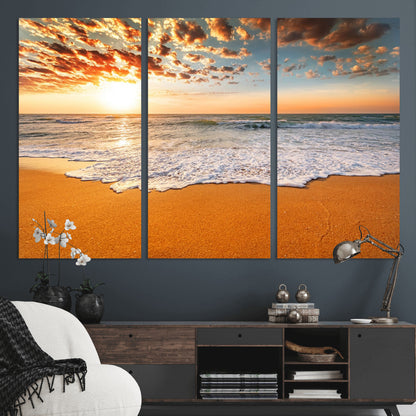 15399-MGV-CV-36X24-Golden Sunrise Beach Wall Art – Ocean Waves on Sandy Shore Canvas Print, Coastal Seascape Decor for Living Room or Bedroom