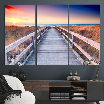 60625-MGV-CV-36X24-Beach Boardwalk Sunrise Wall Art – Coastal Pathway to Ocean Canvas Print, Seaside Landscape Decor for Home or Office