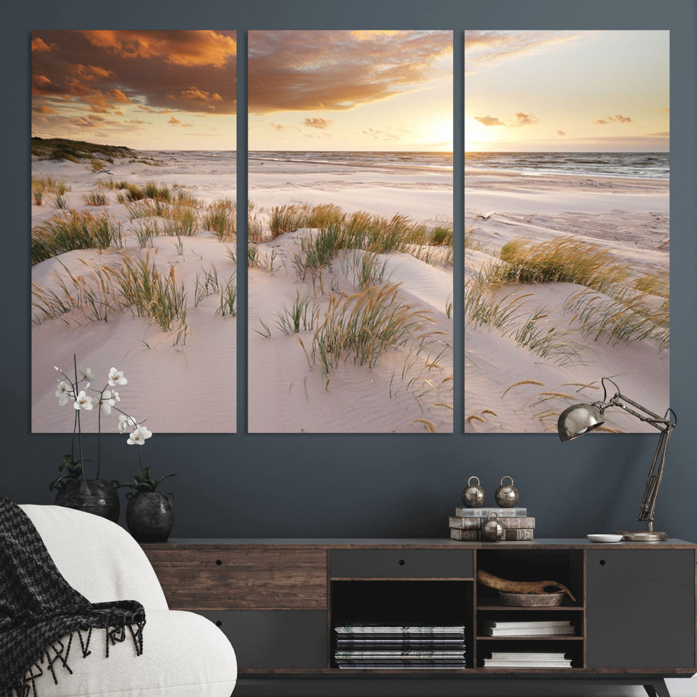 61246-MGV-CV-36X24-Coastal Sand Dunes Wall Art – Serene Beach Sunset Canvas Print with Grasses and Ocean View, Tranquil Seaside Decor for Living Room
