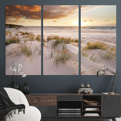 61246-MGV-CV-36X24-Coastal Sand Dunes Wall Art – Serene Beach Sunset Canvas Print with Grasses and Ocean View, Tranquil Seaside Decor for Living Room