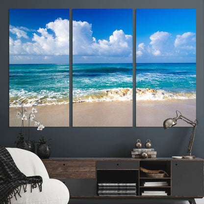 60364-MGV-CV-36X24-Tropical Ocean Wave Wall Art – Serene Blue Sea and White Sand Beach Canvas Print, Coastal Landscape Decor for Living Room, Bedroom