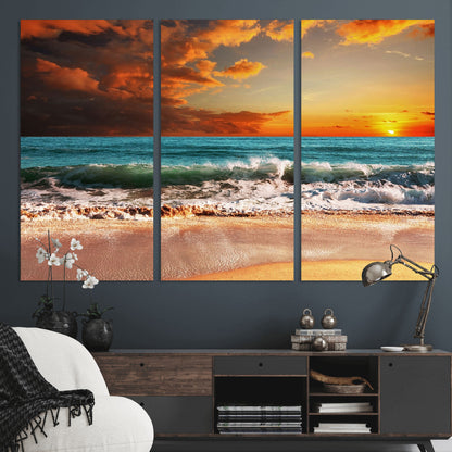 72948-MGV-CV-36X24-Ocean Sunset Wave Wall Art – Dramatic Seascape Canvas Print with Golden Sky and Crashing Waves, Coastal Beach Decor for Living