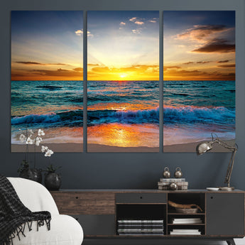 50627-MGV-CV-36X24-Ocean Sunset Wall Art – Serene Beach Canvas Print with Waves and Golden Sky, Coastal Decor for Living Room or Office