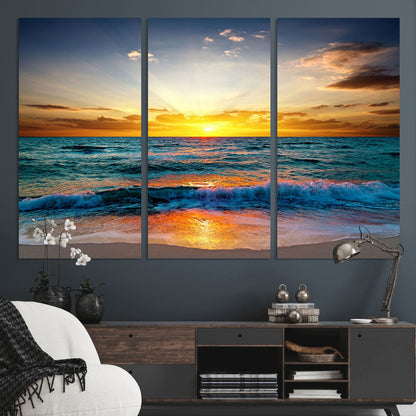 50627-MGV-CV-36X24-Ocean Sunset Wall Art – Serene Beach Canvas Print with Waves and Golden Sky, Coastal Decor for Living Room or Office