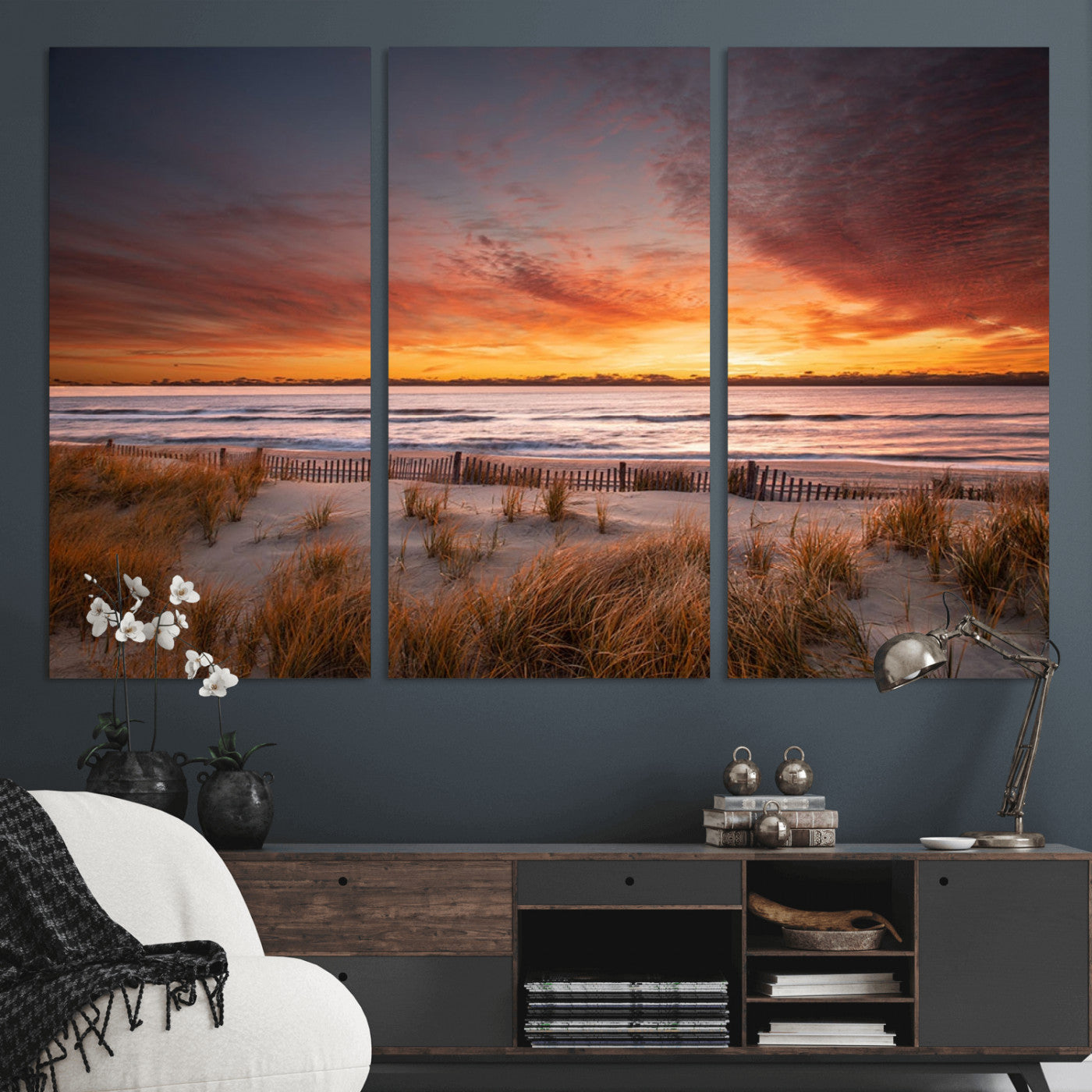 90176-MGV-CV-36X24-Beach Sunset Wall Art – Coastal Sand Dune Canvas Print with Ocean Waves and Dramatic Sky, Seaside Landscape Decor for Living Room