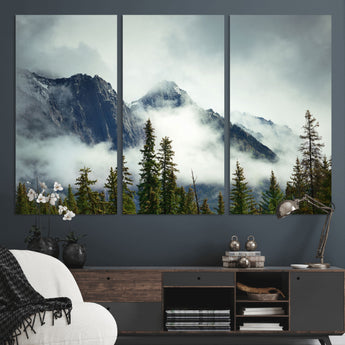 93219-MGV-CV-36X24-Misty Mountain Wall Art – Foggy Pines and Rocky Peaks Canvas Print, Nature Landscape Decor for Living Room, Office or Bedroom
