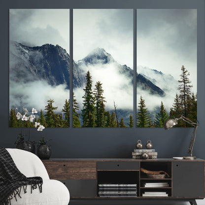 93219-MGV-CV-36X24-Misty Mountain Wall Art – Foggy Pines and Rocky Peaks Canvas Print, Nature Landscape Decor for Living Room, Office or Bedroom