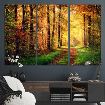 73494-MGV-CV-36X24-Golden Autumn Forest Path Wall Art – Sunlit Woodland Canvas Print, Fall Nature Landscape Home Decor