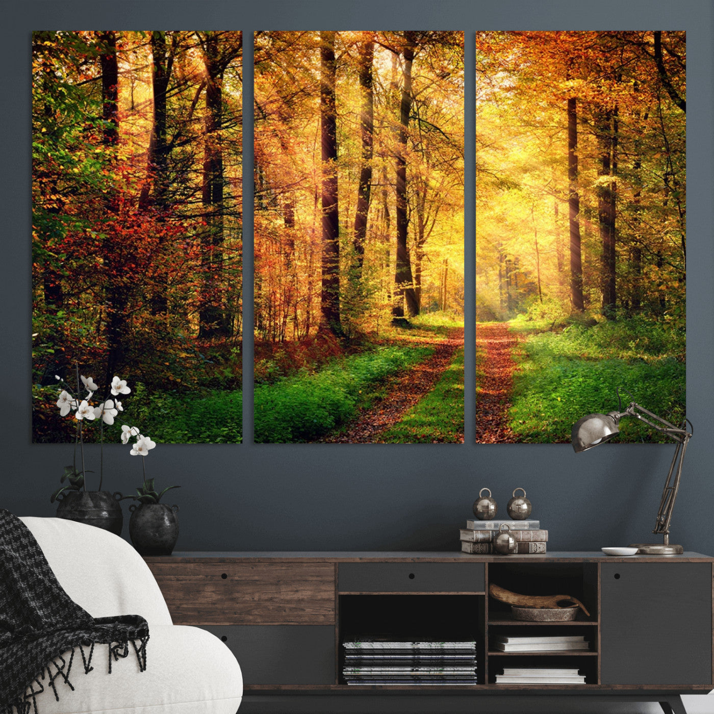 73494-MGV-CV-36X24-Golden Autumn Forest Path Wall Art – Sunlit Woodland Canvas Print, Fall Nature Landscape Home Decoration