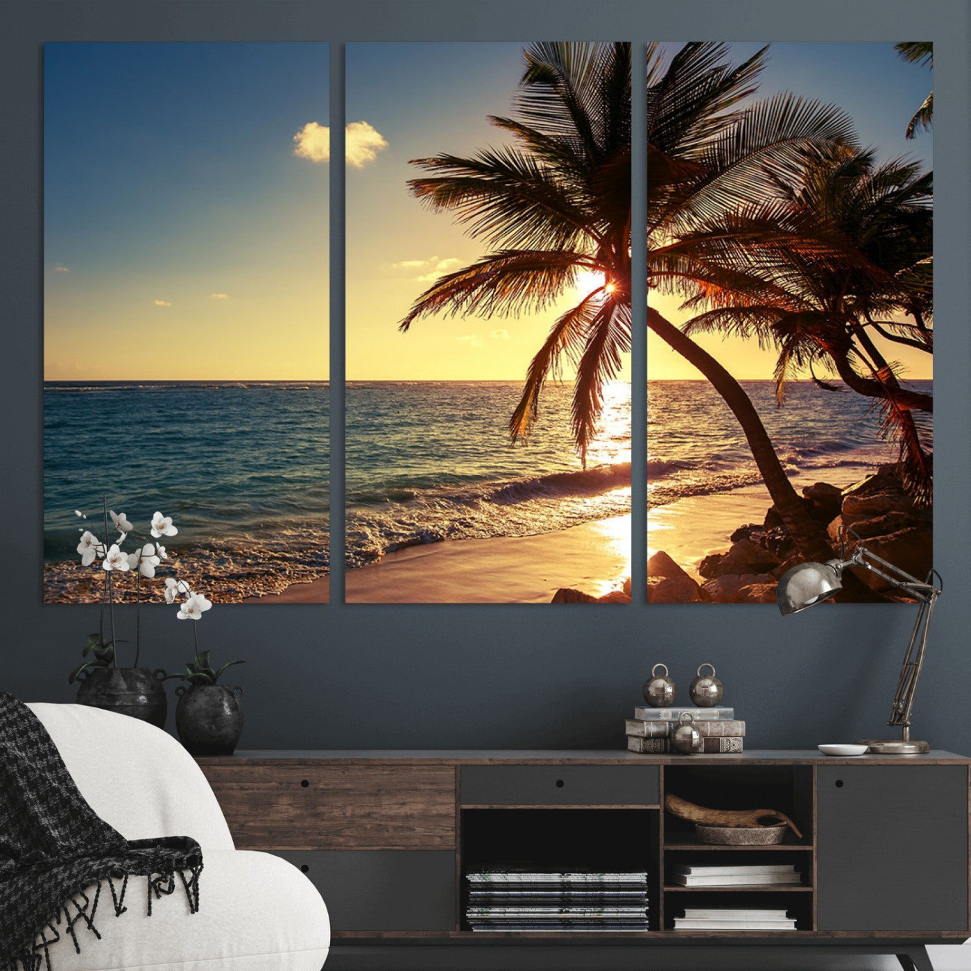 82710-MGV-CV-36X24-Palm Tree Sunset Beach Wall Art – Tropical Ocean Canvas Print, Coastal Paradise Seascape Decor for Living Room or Office Wall