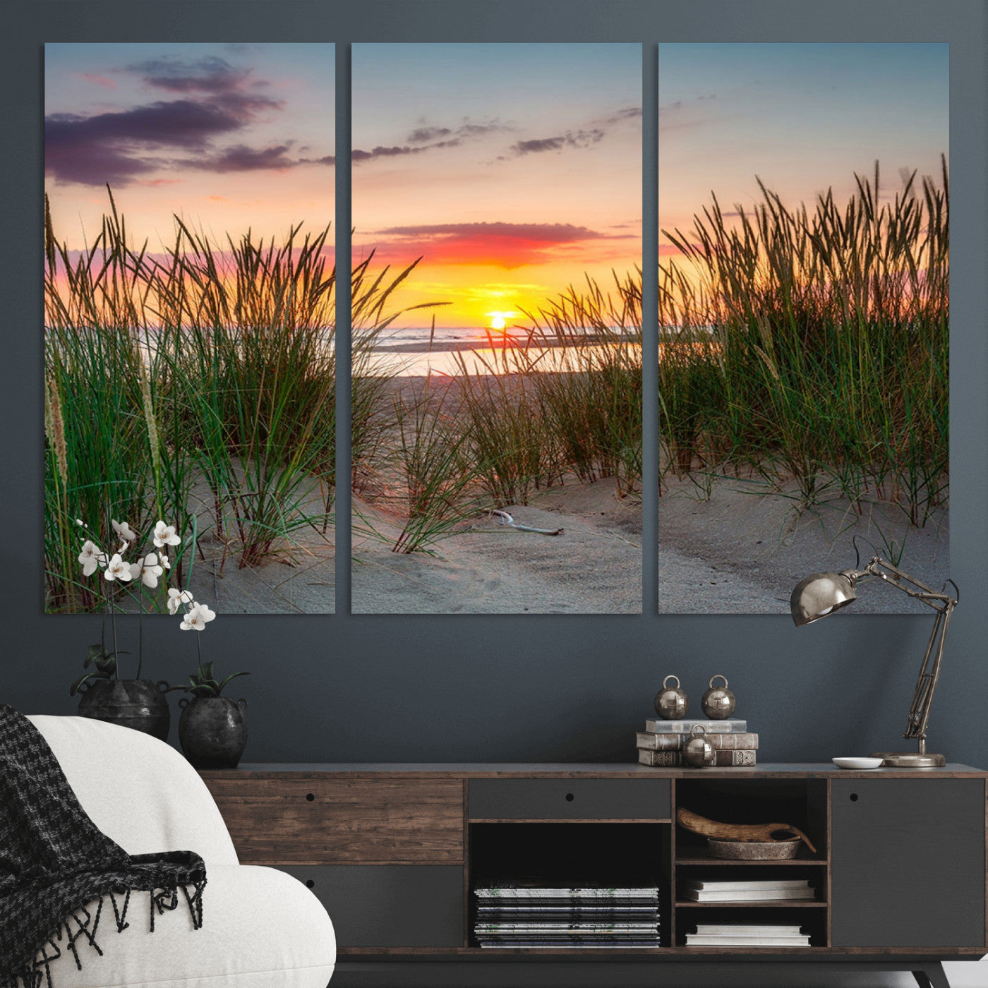 25576-MGV-CV-36X24-Beach Grass Sunset Wall Art – Coastal Sand Dune Landscape Canvas Print, Ocean View Nature Decor for Living Room or Office Wall