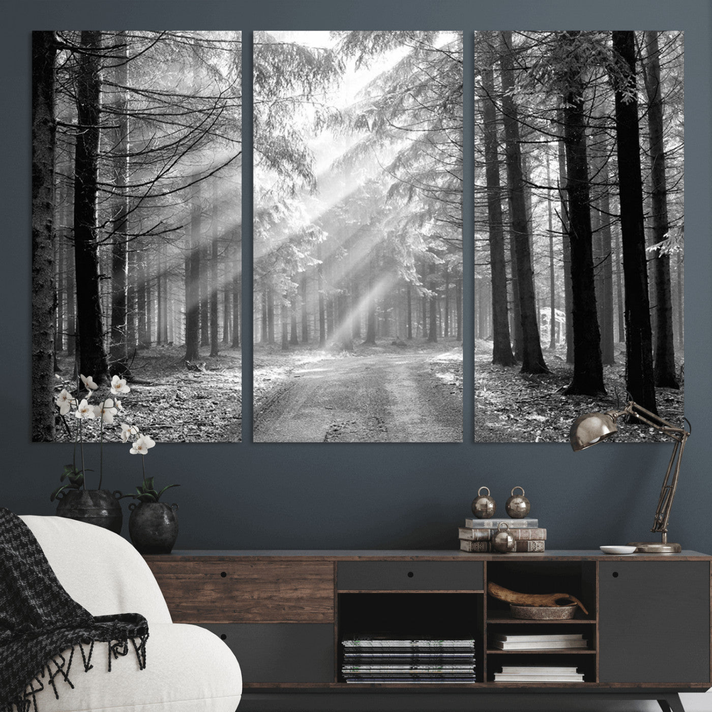 39665-MGV-CV-36X24-Black and White Forest Path Wall Art – Sunlight Rays in Trees Canvas Print, Nature Landscape Decor for Living Room