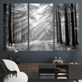39665-MGV-CV-36X24-Black and White Forest Path Wall Art – Sunlight Rays in Trees Canvas Print, Nature Landscape Decor for Living Room