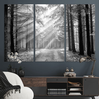 39665-MGV-CV-36X24-Black and White Forest Path Wall Art – Sunlight Rays in Trees Canvas Print, Nature Landscape Decor for Living Room