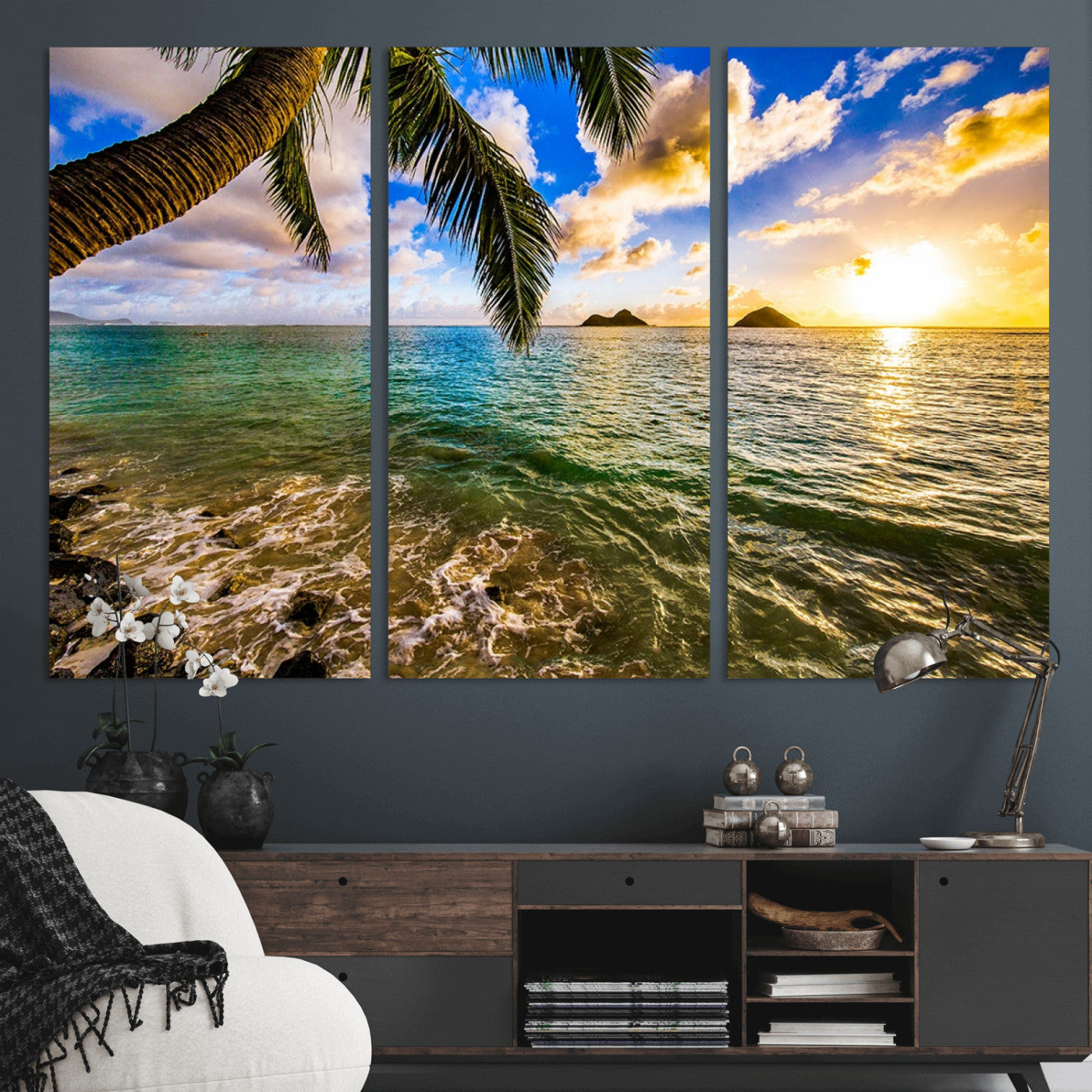 68606-MGV-CV-36X24-Tropical Palm Tree Ocean Wall Art – Sunset Beach Seascape Print, Coastal Paradise Decor for Living Room or Office