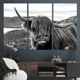 83810-MGV-CV-36X24-Highland Cow Wall Art – Black and White Highland Cattle Print, Rustic Farmhouse Animal Decor for Living Room