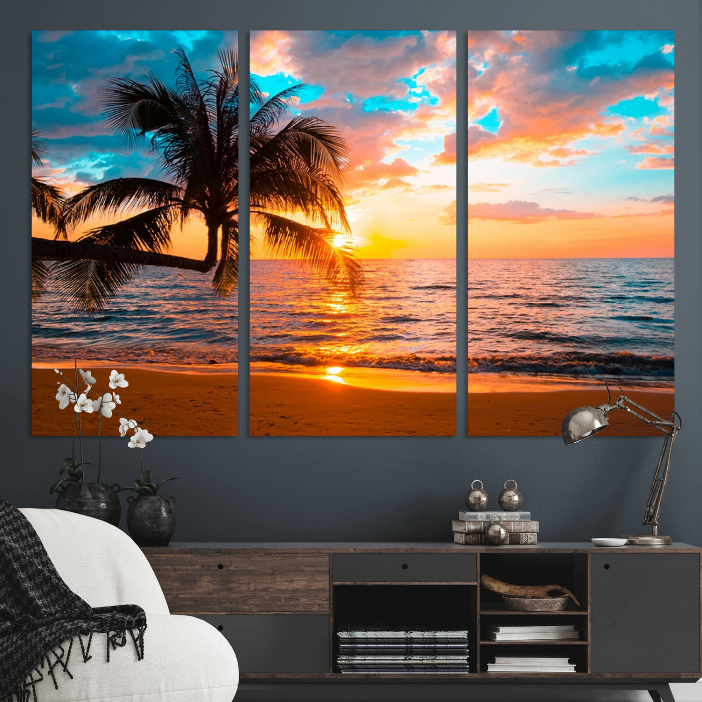 34674-MGV-CV-36X24-Tropical Sunset Beach Wall Art – Palm Tree Ocean Canvas Print, Coastal Seascape Decor for Living Room or Office Wall