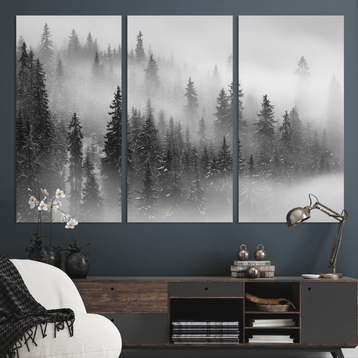 57235-MGV-CV-36X24-Misty Pine Forest Wall Art – Black and White Mountain Landscape Canvas Print, Nature Woodland Decor for Living Room, Bedroom or
