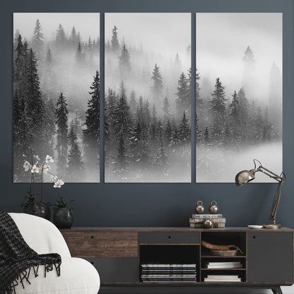 57235-MGV-CV-36X24-Misty Pine Forest Wall Art – Black and White Mountain Landscape Canvas Print, Nature Woodland Decor for Living Room, Bedroom or