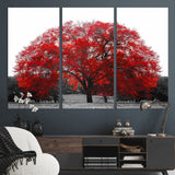 80021-MGV-CV-48X32-3P-Red Tree Wall Art – Striking Black and White Landscape Canvas Print with Vibrant Red Leaves, Modern Nature Decor for Living Room